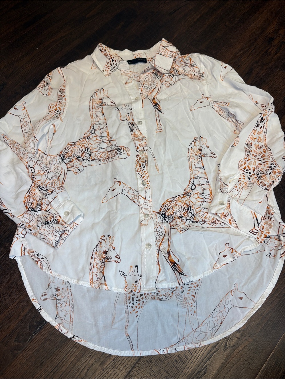 Jane & Delaney Womens M White Brown Giraffe Print Roll Sleeve button collared